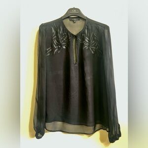 CH Carolina Herrera Black Silk Blouse with Leaf Embroidery